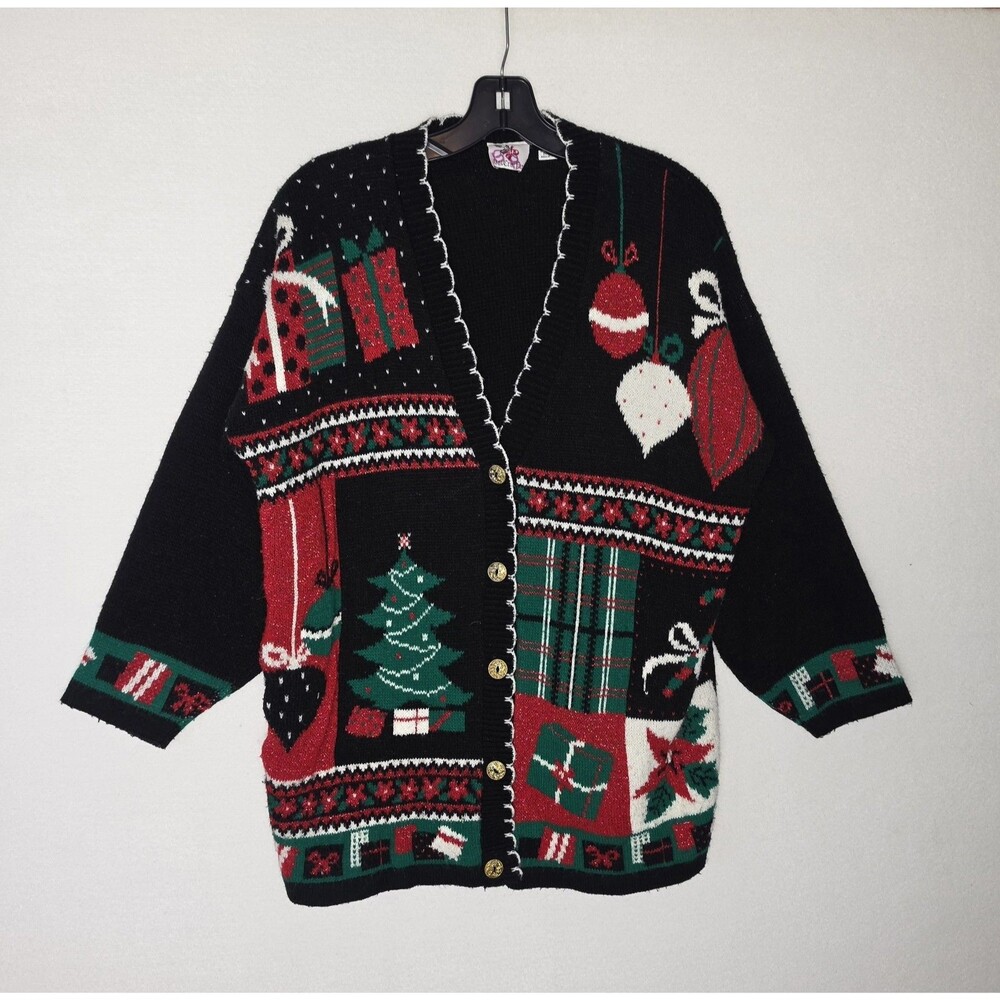 VTG Nutcracker Ugly Christmas Sweater Cardigan Holiday Tree Womens Large